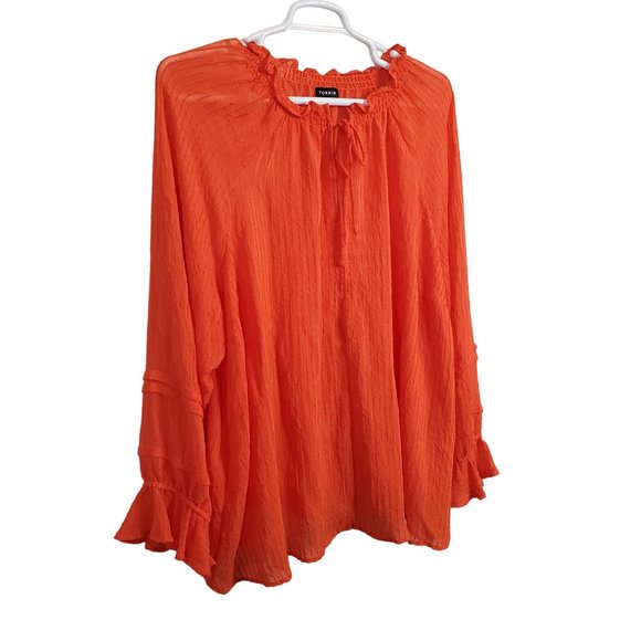 torrid Tops - Torrid 4X Size 4 Blouse Peasant Textured Gauze Tiered Ruffle Keyhole Ribbon Tie